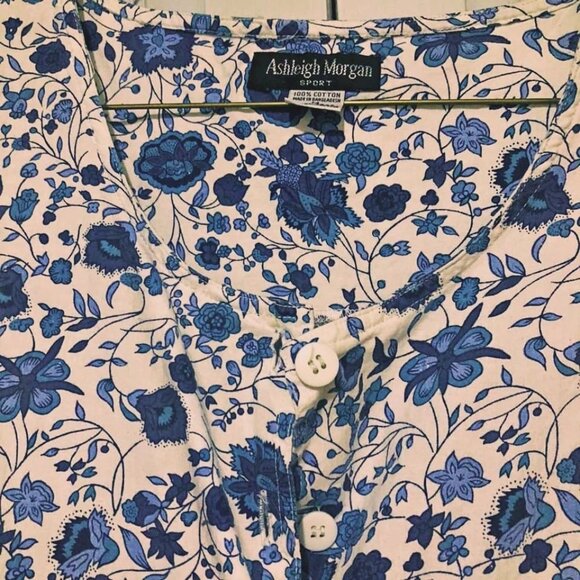 90s Ashleigh Morgan Floral Cotton Jumpsuit M Blue White Pockets Cropped Cuffed - Picture 10 of 10